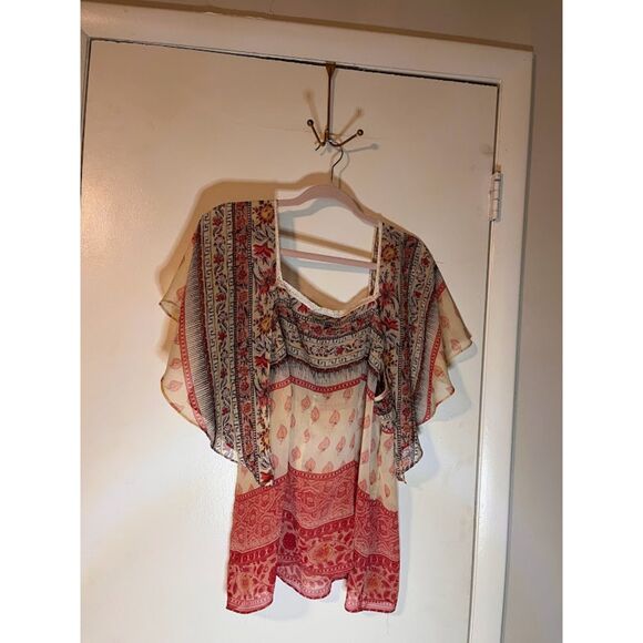 Lane Bryant Blouse 18/20 Cream Pink Brown Butterfly Sleeves Sheer Flowy Bohochic - Picture 2 of 4